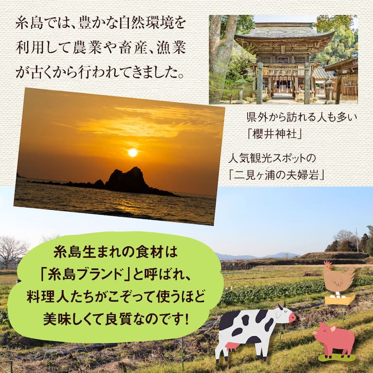 糸島では、豊かな自然環境を利用して農業や畜産、漁業が古くから行われてきました。